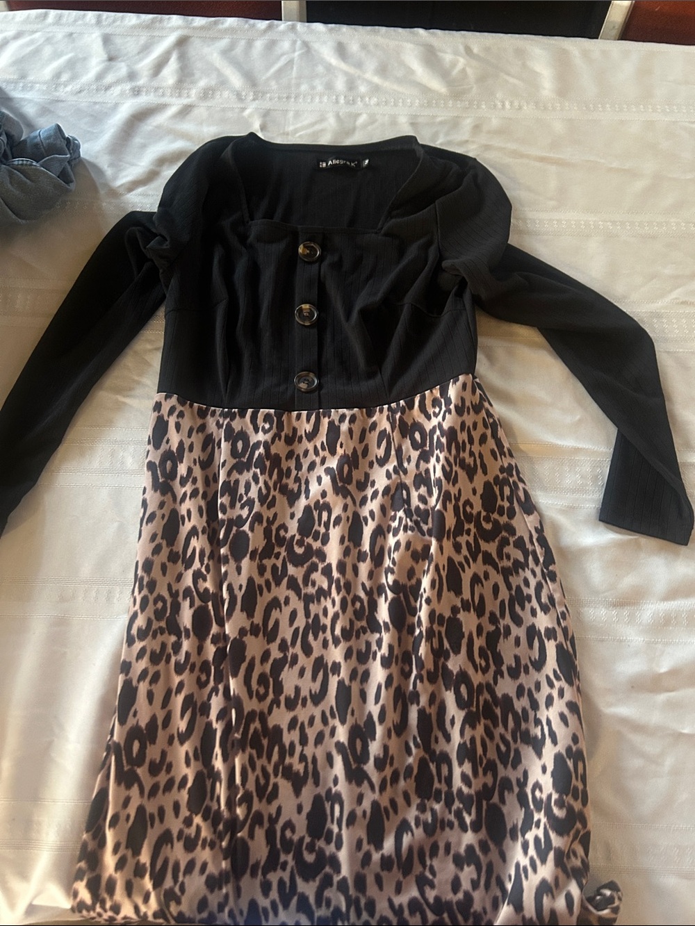 Allegra K Black Top with Leopard Print Skirt Long Sleeve Dress